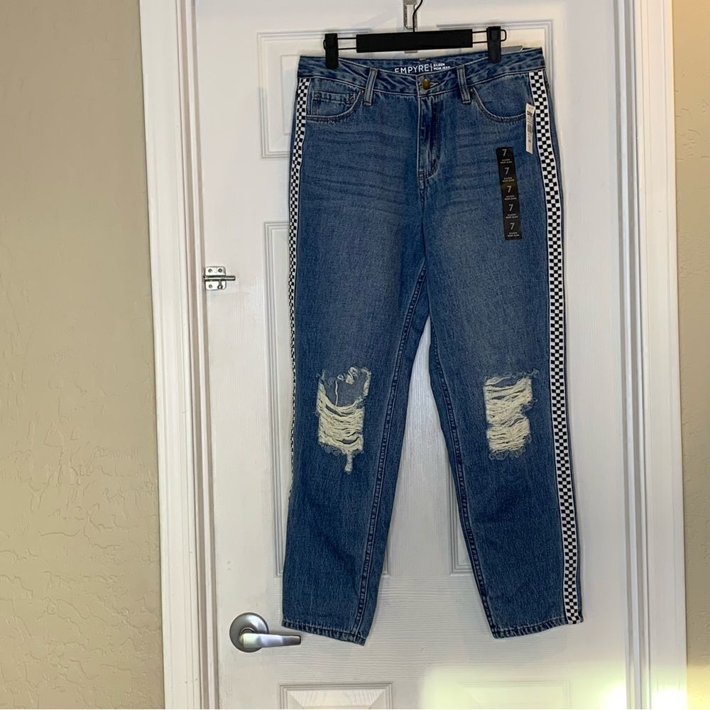 Empyre Eileen Mom Jeans Checkerboard Side Stripes Size 7